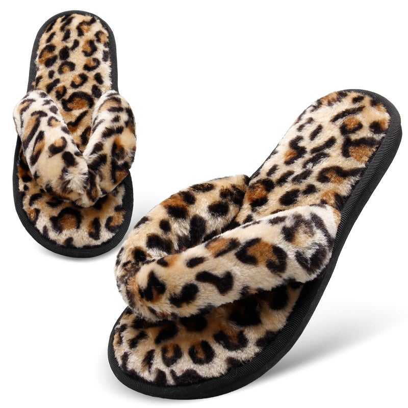 JOINFREE Women's Fuzzy Indoor Slippers Fluffy Warm Bedroom Slippers Slides for Women Leopard Gold 9.5-10.5 M US - Image 1
